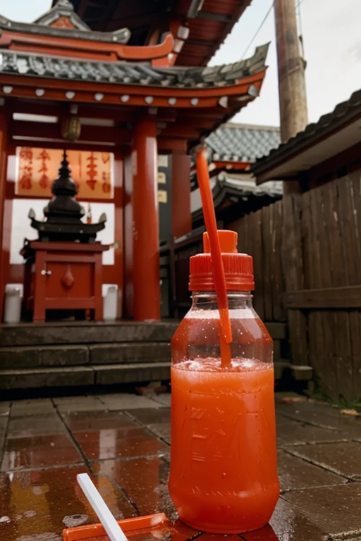 plastic fanta bottle with plastic straw and a very red liquid inside in front of a tiny asian style shrine