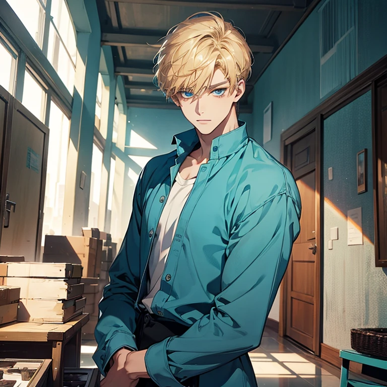 Masterpiece, best quality, solo, 1 male, short hair, turquoise eyes, blond hair, blue clothes