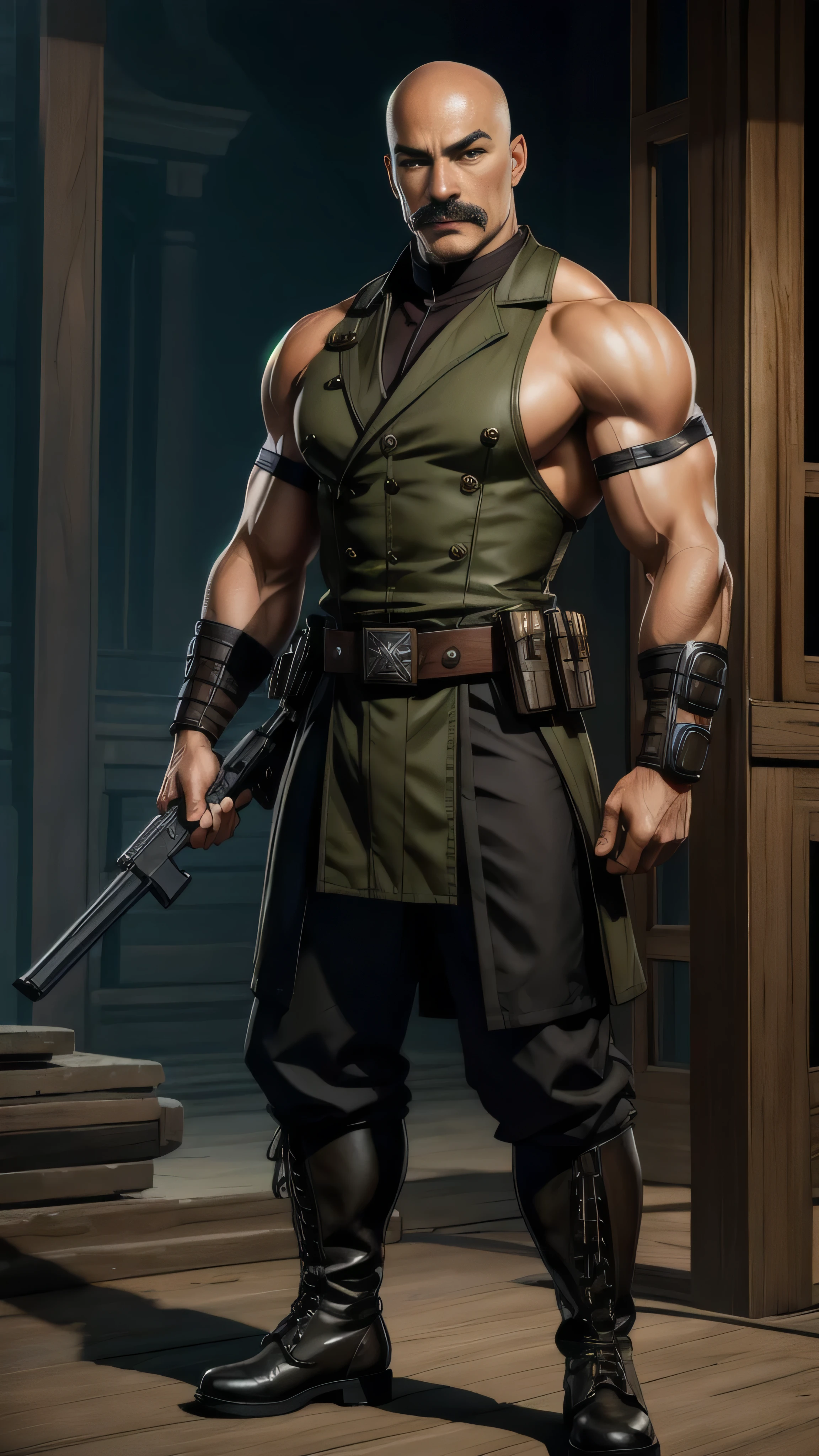 ((Mark Dacascos)) as Hsu Hao from Mortal Kombat, ((bald)), ((mustache)), (facial scar), khaki military-style suit, black utility belt, black combat boots, 1man, solo, full body view, intricate, high detail, sharp focus, dramatic, photorealistic painting art by greg rutkowski