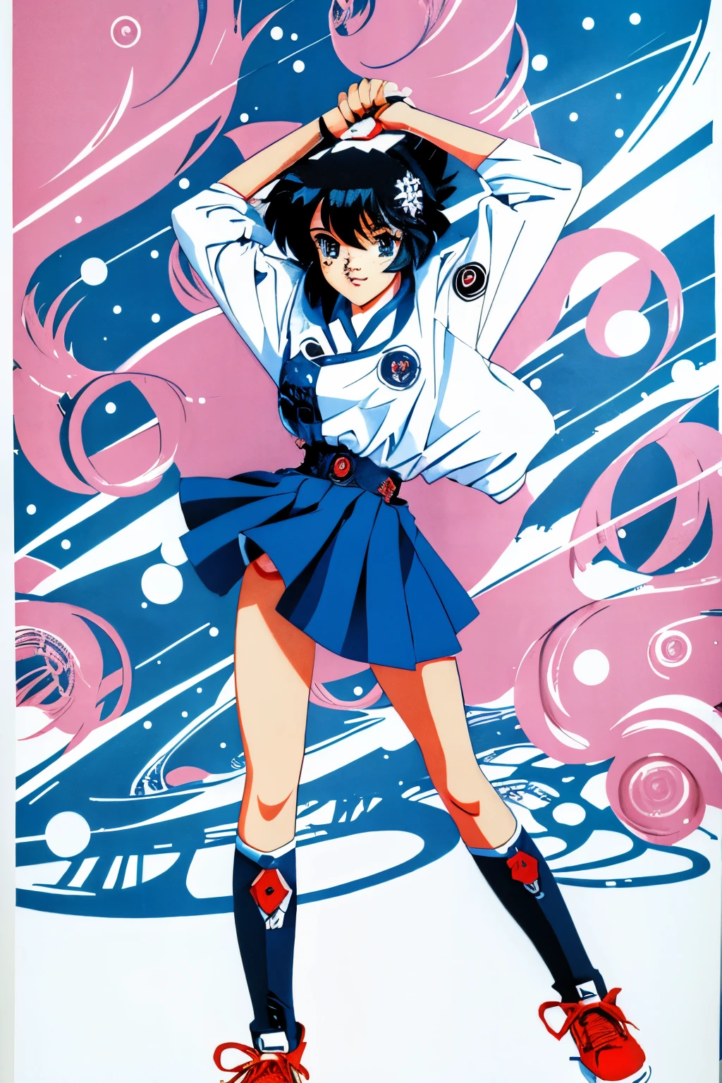 by Ken Sugimori, sugimori 1990s, ((only 1woman)), flapper dress, long earrings, smiling ((no background)), ((hands behind their back)), full black pupils, manga, best quality, highly detailed, clean lines, cowboy shot, good hands, good eyes, hd, 8k, professional, symmetrical, hires, 8k,