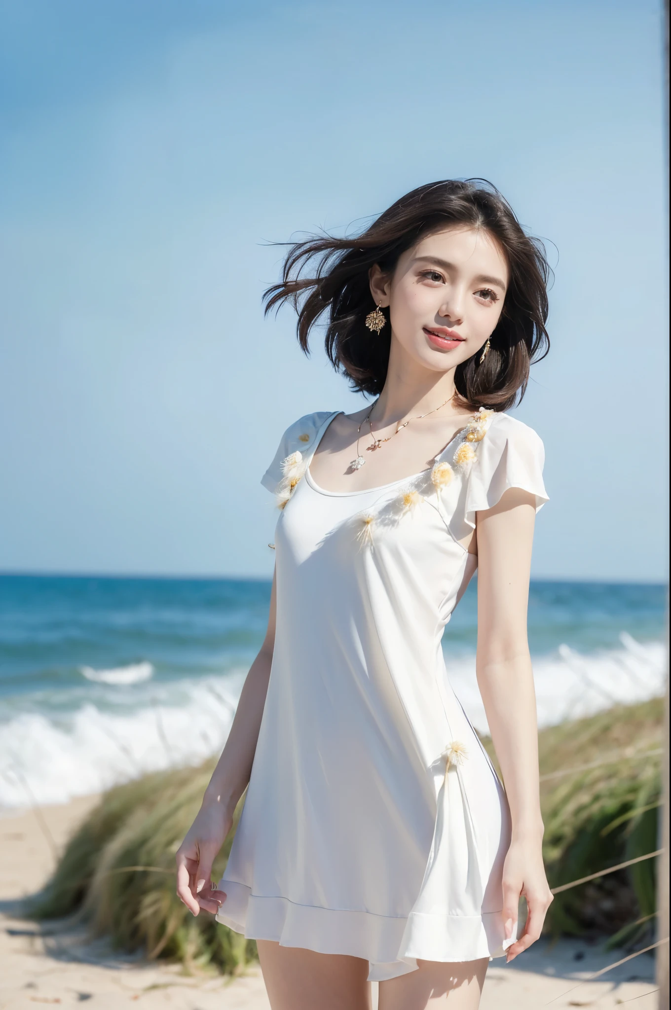 ((((8k))),((Extremely meticulous CG)) ,(wallpaper),16k,((Extremely refined and beautiful)),(((Masterpiece))),(((best qualtiy))),(((Ultra High Resolution))),beautiful light up,Perfect lightning,realistic shaded,((high resolution)),(Smooth and flawless skin:1.5),(Extremely exquisite facial details:1.2),(perfect body:1.2),(ultra-detailed),((A beautiful girl,solo)),(small head:1.2),(pale skin:1.3),(medium straight bob hair:1.2),(Hair fluttering in the wind:1.3),(small face:1.2),(Exquisite makeup:1.2),(earrings:1.2),(necklace:1.2),((slim,thin)),(laughing:1.2),(happy:1.2),(small breasts:1.2),(flat chests:1.2),(white pajama dress:1.5),(slender legs:1.2),(white footwear:1.2),(short sleeves:1.2),(day scene:1.5),(bright sunshine:1.3),(by the seaside:1.3),(On the beach full of dandelions:1.3),(standing:1.3),(upper body:1.3),(from front:1.5),
