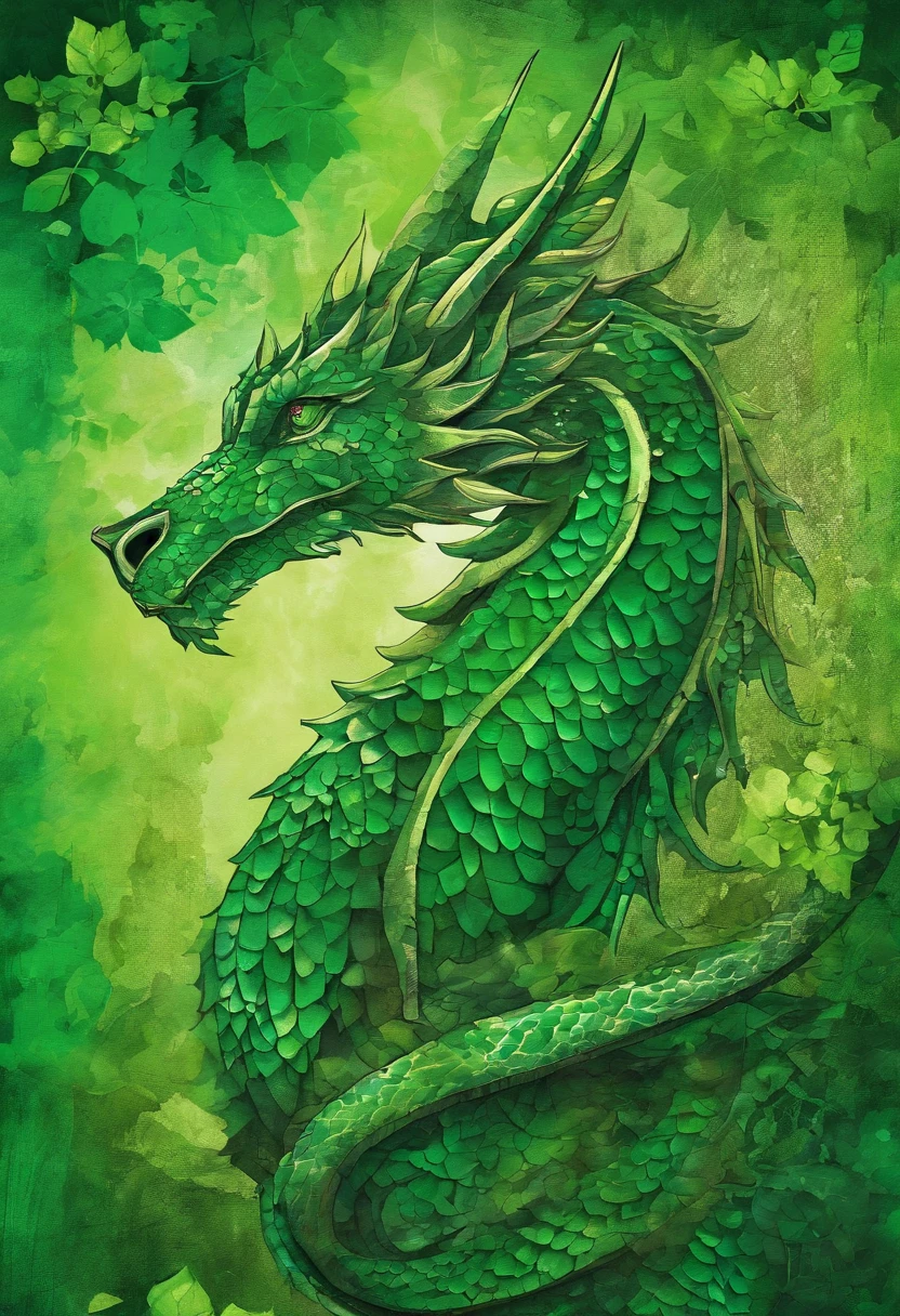 old wise dragon irish green emerald green, sagesse, regard bienveillant, imperial posture, green forest background ::2 colorful ink painting ::2 art fantasy