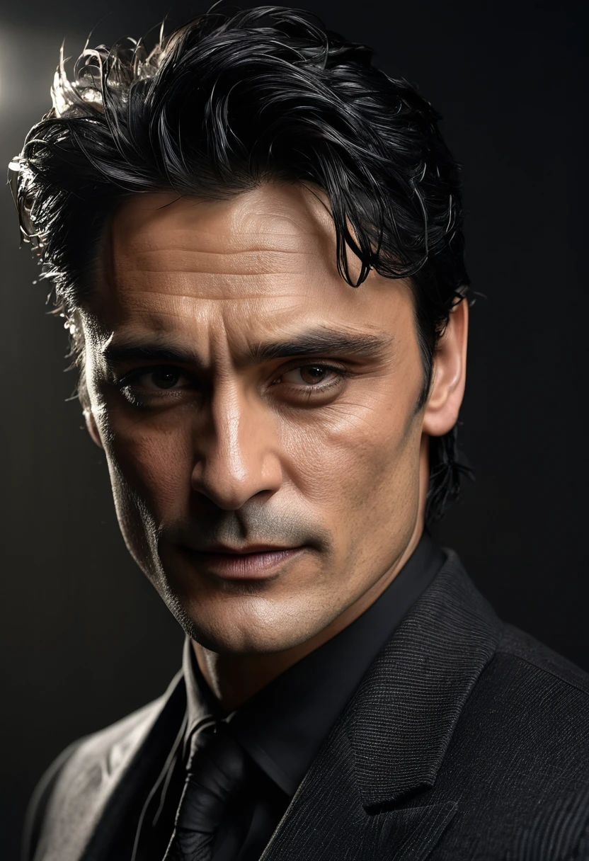 (best quality,4k,8k,highres,masterpiece:1.2),ultra-detailed,(realistic,photorealistic,photo-realistic:1.37),handsome man in dark room, black hair,strong,extremely chiseled body,40 years old,looks like Dolph Lundgren and Alain Delon, scar from lip to ear, old scar, stitches, small stitches, joker like scar. spiky short black hair, tall and elegant posture, mysterious atmosphere, piercing eyes, charismatic smile, wearing a fitted black suit, well-groomed appearance, dimly lit room with dramatic shadows, sharp jawline, sculpted cheekbones, intense gaze, strong masculine features, alluring presence, confidence radiates from him, impeccable fashion sense, sophisticated taste, subtle reflection on his well-polished shoes, aura of mystery, smoky ambiance, low-key lighting.