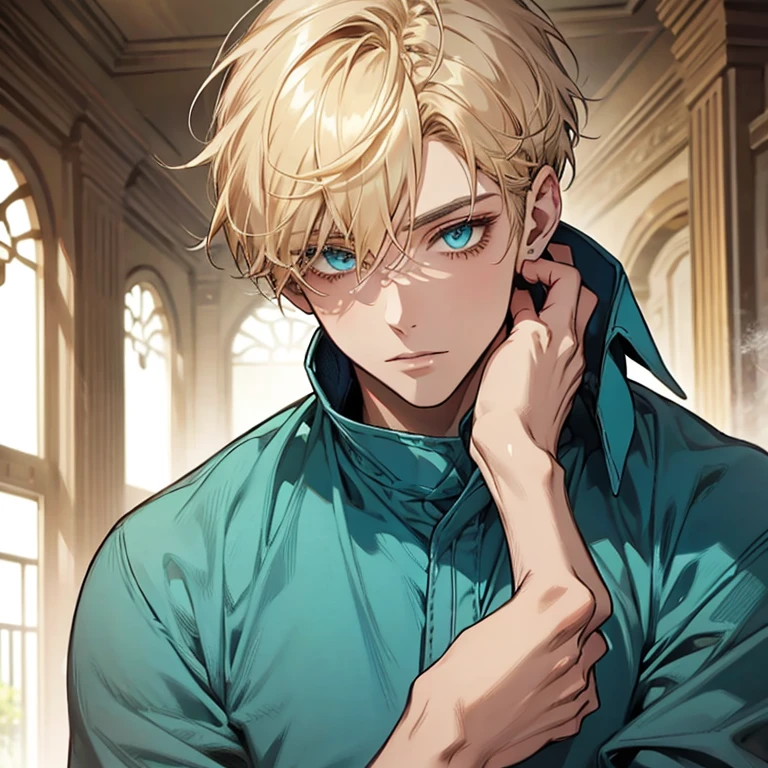 Masterpiece, best quality, solo, 1 male, short hair, turquoise eyes, blond hair, blue clothes