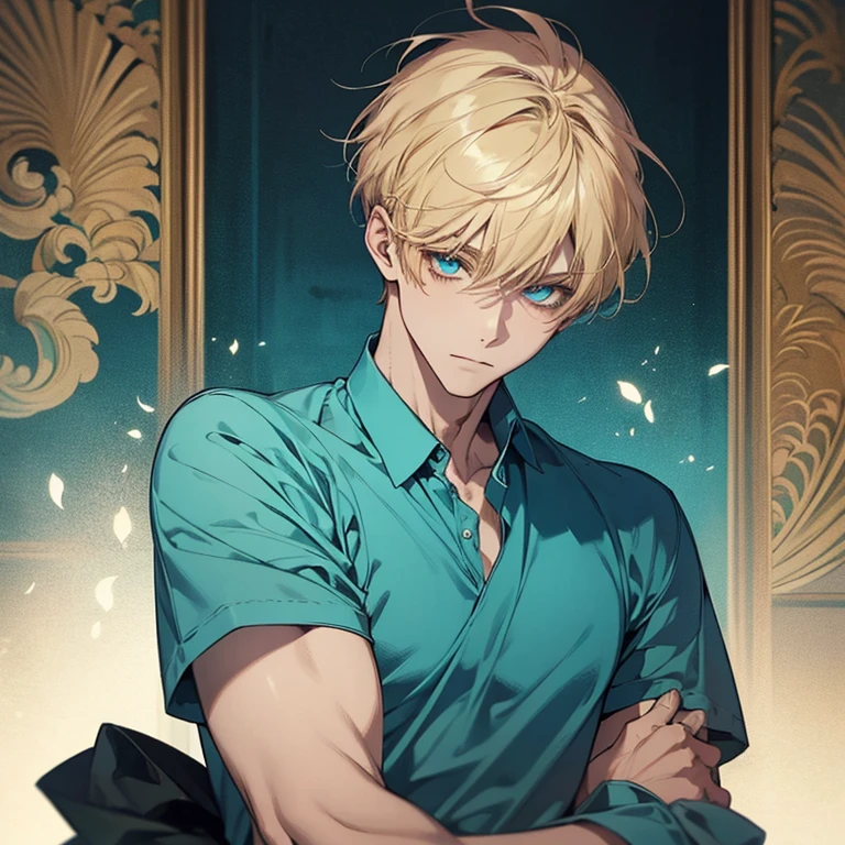 Masterpiece, best quality, solo, 1 male, short hair, turquoise eyes, blond hair, blue clothes