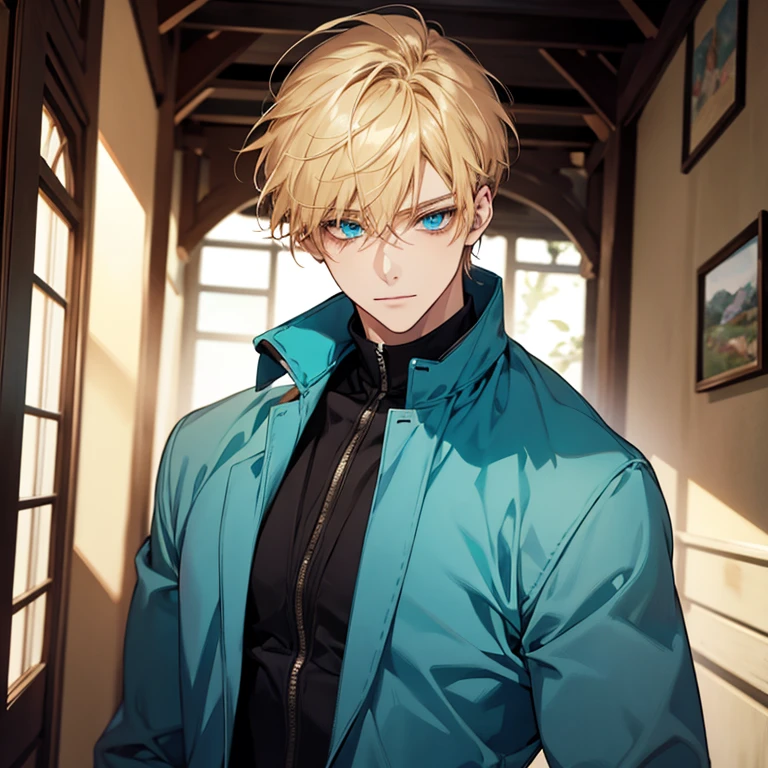 Masterpiece, best quality, solo, 1 male, short hair, turquoise eyes, blond hair, blue clothes