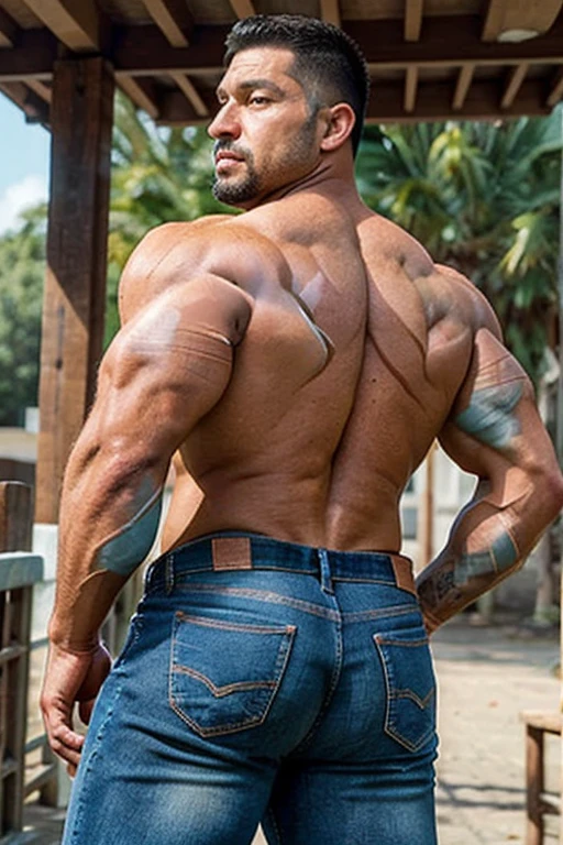 1male, vaqueros, Big muscles, rostro, realista, foto, real foto, cuerpo completo, jeans, backside