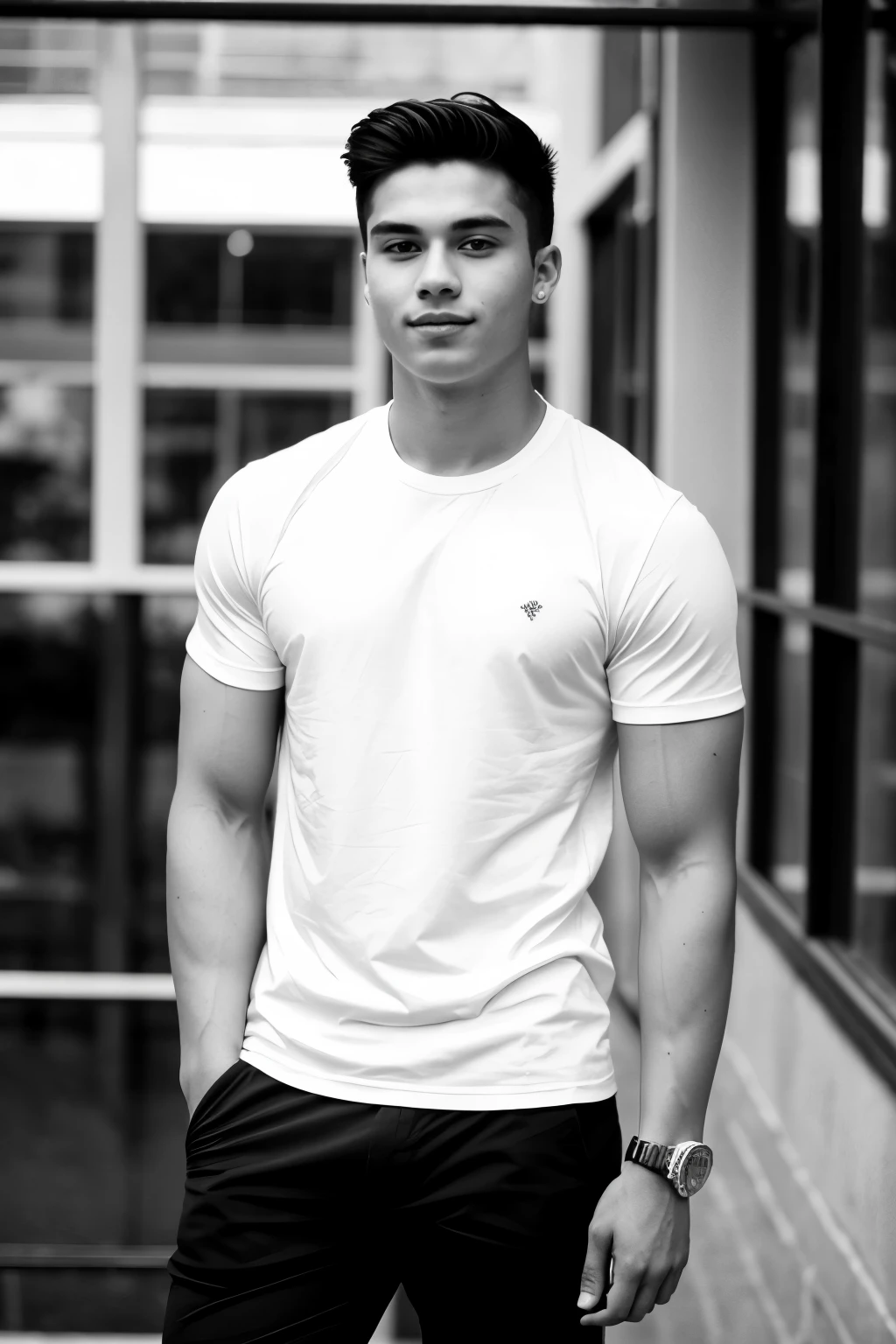 Casual photo of a 21-year-old young man with good physique, wearing casual clothes. With black and white filter