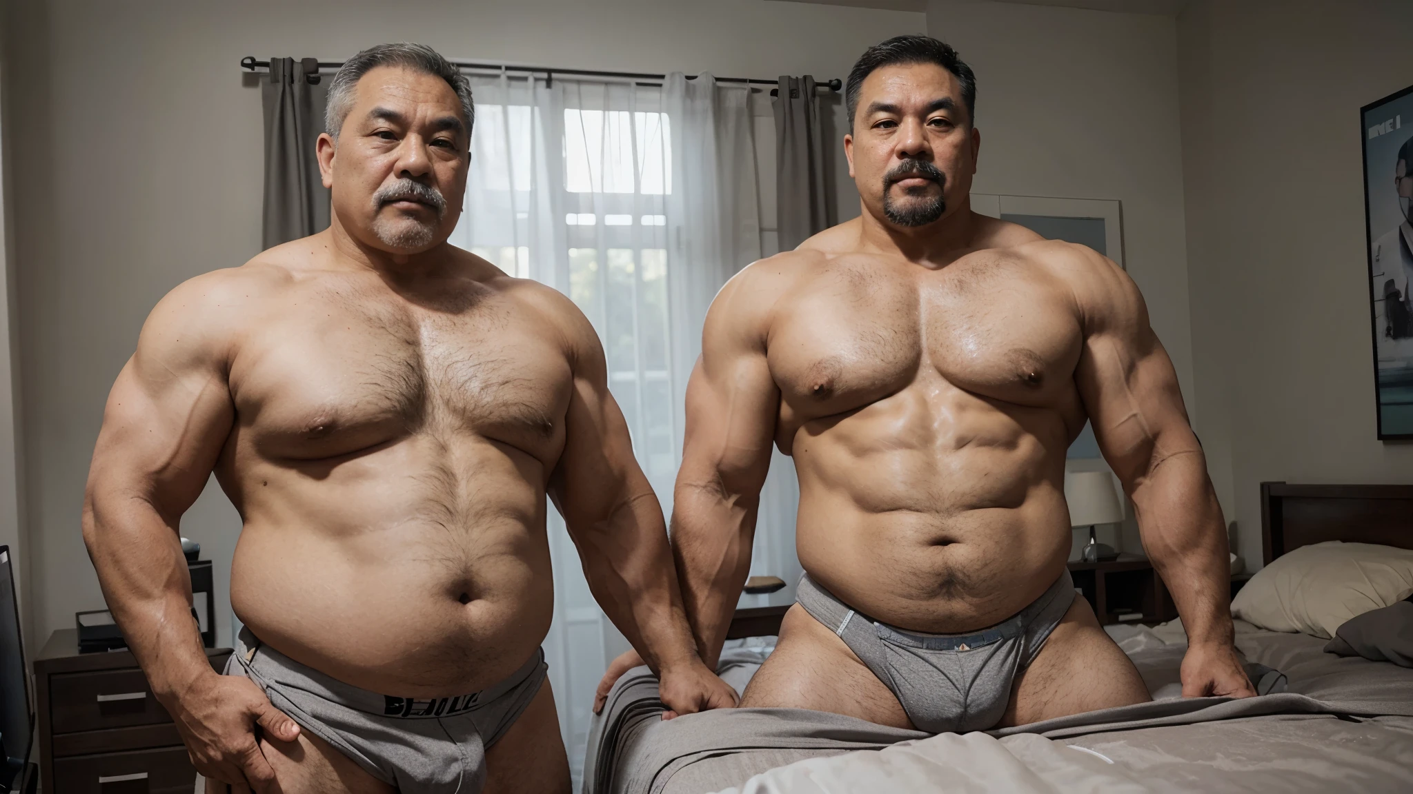 2 Vietnamese grandfathers with gray hair, old man face, a thick gray mustaches, a short gray chin beard, strongman body, wearing a massive bulging gray jockstraps stand in bedroom, have belly, big muscular chest, a sexy pose, show full body.
