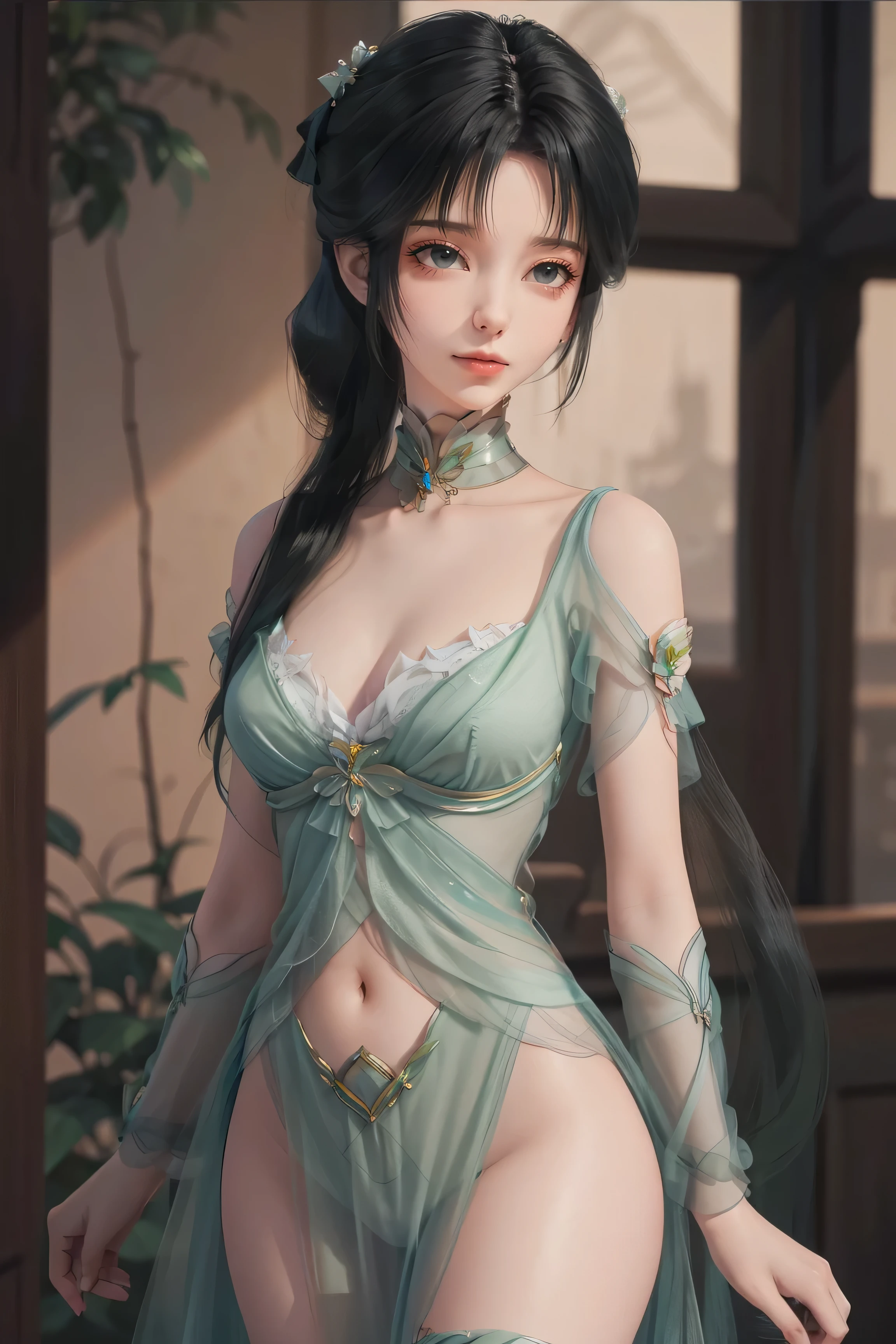 ((Best picture quality,8K,masterpiece:1.3)),1 girl,Slim abs beauty:1.3,(Casual Hairstyle),Long double ponytail,Princess dress:1.1,Super thin face,exquisite eyes,Double eyelids,Smile,Home,Upper Body