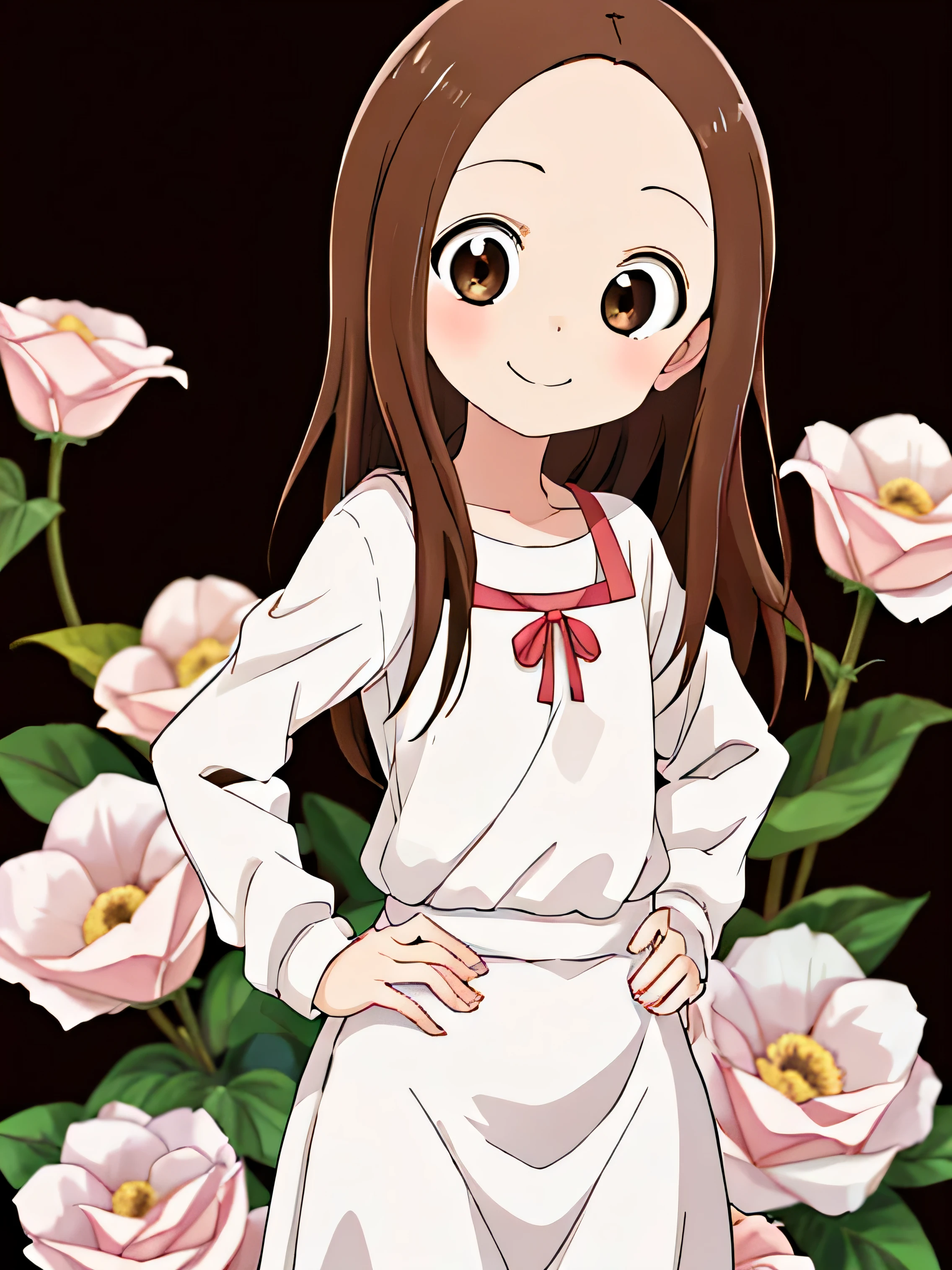 highest quality,High resolution、anime illustration style、takagi-san, one girl、closed mouth、smile、beautiful flower々Park with blooming flowers、A cute girl no matter who you look at、put your hands on your hips、absolute reference to center、smooth hair、closed mouth、brown hair、brown eyeedium hair