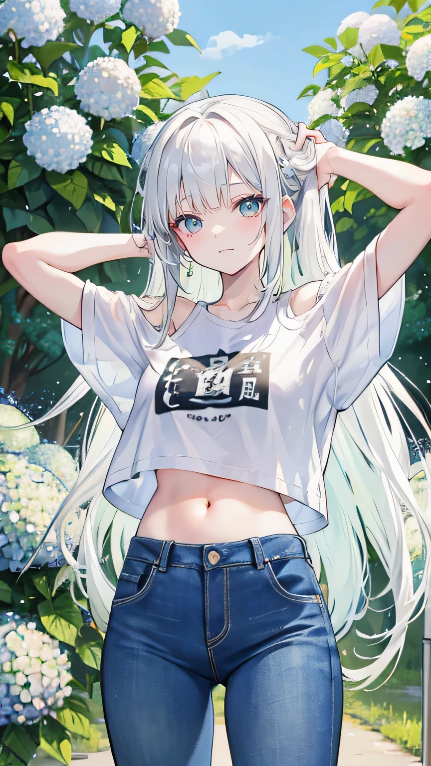 White hair,Long hair,Bangs,Bangs neatly,green hair band,Gray eyes,girl,cute,laughing expression,Short sleeves with exposed shoulders,jeans,Navel,Wearing sneakers,Standing on the ground,whole body,Don't show your arms,Background is hydrangea,Lots of hydrangeas,many clouds