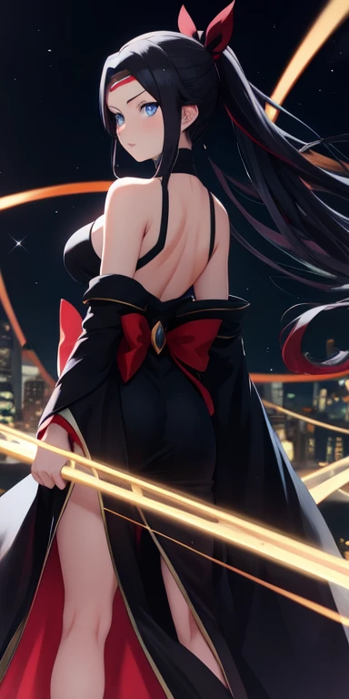 Hinata huga(boruto) hinata(work of art), (masterpiece), (best quality), a black headed girl, (blue eyes), black clothes, big , showing beautiful backside, backside, brightly lit night city background, red bow, butterflies in golden circle, flowing hair , but g , full figure head to toes , standing beside poles