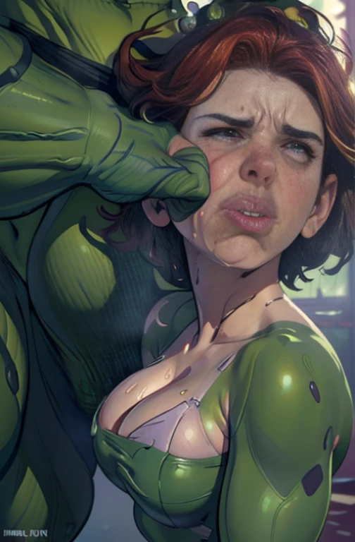 ((Scarlett Johansson)), ((black widow)), High school, brown short hair, big breasts, thick thighs, white panties, pulling panties up, skinny, (((she is brutally slapped in the face by realistic hulk’s penis:1.2))), (((hit in cheek))), (((woman body view:1.2))), ((panty))), (((women beaten by realistic insanely big green penises))), (((penis deformed by the violent impact:1.2))), (((sweaty skin)))