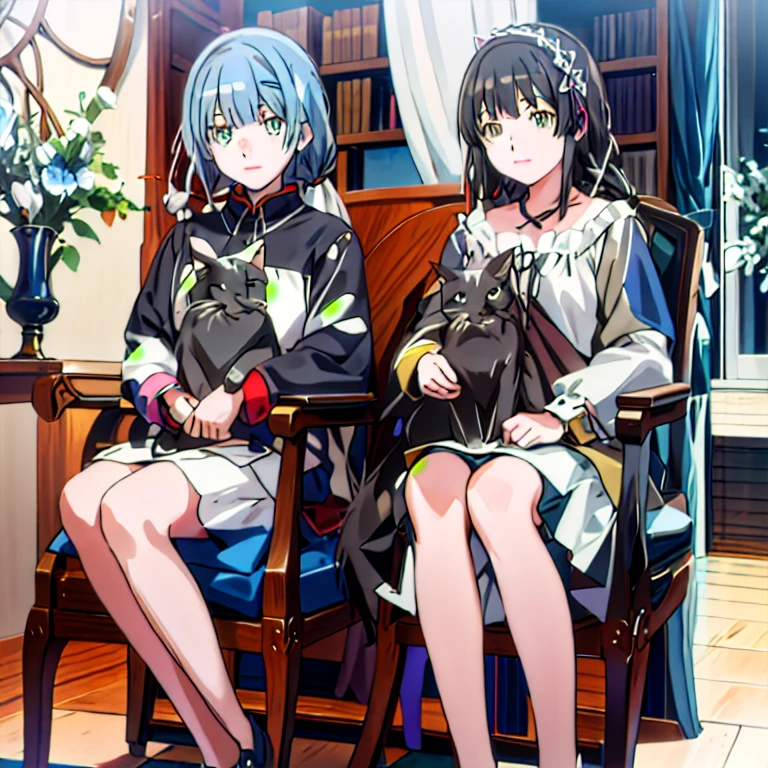 Anime girl sitting on a chair, Girl Front Style, two beautiful anime girls, Black Hair, Gray Hair, perfect （The one on the left is Re.:Rem of life in another world starting from scratch）（The girl on the right is Mio from The Moon Leads the Journey to Another World）