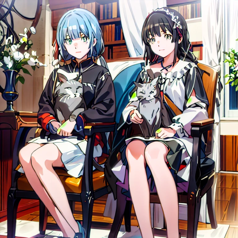 Anime girl sitting on a chair, Girl Front Style, two beautiful anime girls, Black Hair, Gray Hair, perfect （The one on the left is Re.:Rem of life in another world starting from scratch）（The girl on the right is Mio from The Moon Leads the Journey to Another World）