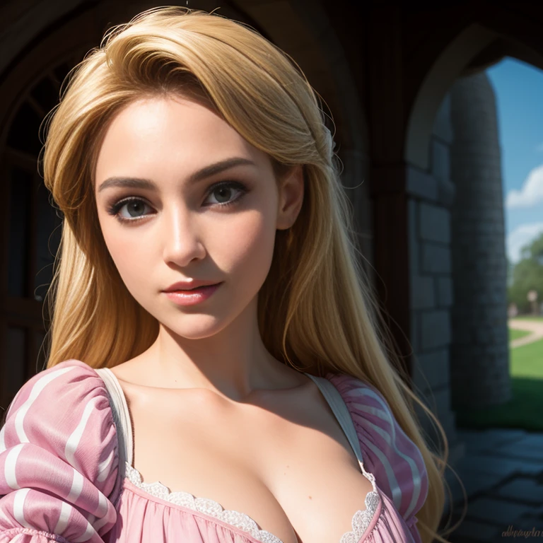 Masterpiece, best quality, Rapunzel, long pink dress, blonde hair, cleavage, looking at viewer, sexy smirk, in a tower, cowboy shot