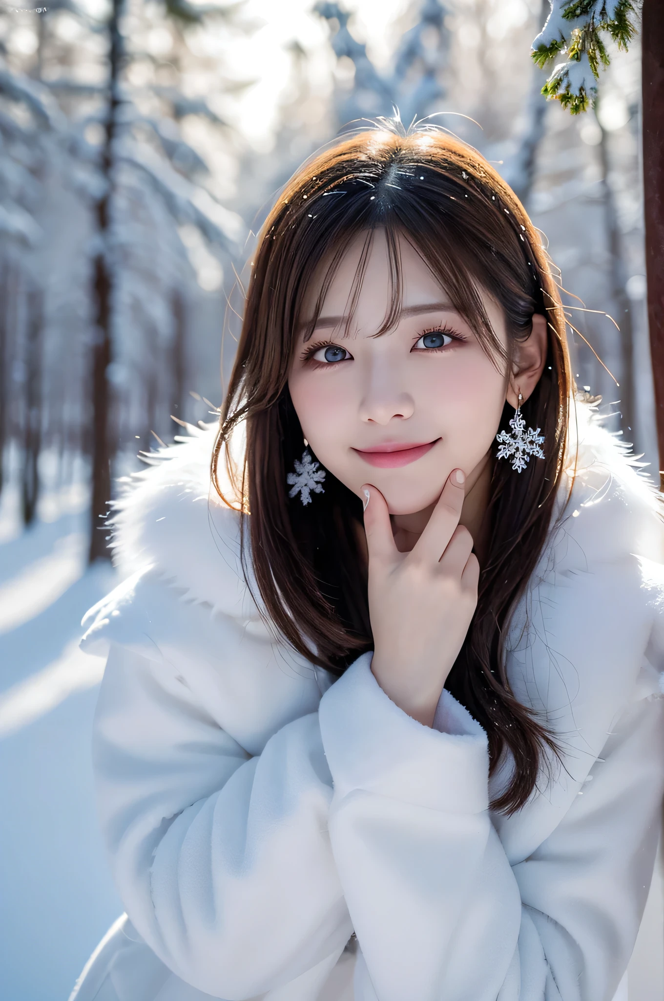 One Girl, (White winter outfit:1.2), Beautiful Japanese actresses,
(RAW Photos, highest quality), (Realistic, Photorealistic:1.4), (Tabletop), Looks great in photos,
Snow Princess, Beautiful fine details, beautiful lip detail, highly detailed eyes and face, Long eyelashes,
snowflake earrings,
break
(Snowy fields in winter in Lapland), 
sparkling snowflakes, Heavenly Beauty, swirling snowflakes, Snow covered trees々々, A world full of dazzling light,
Glowing Shards, powder snow, Snowflakes shining in the sunlight, snow-capped mountain, Cold breath, 
Blue and silver color scheme, Ramatic Lighting, Diamond dust sparkle, (REAK Perfect Anatomy with lots of glowing lights, Slender body, small, short hair, Old-fashioned smile,
Crystal skin, -Clear eyes