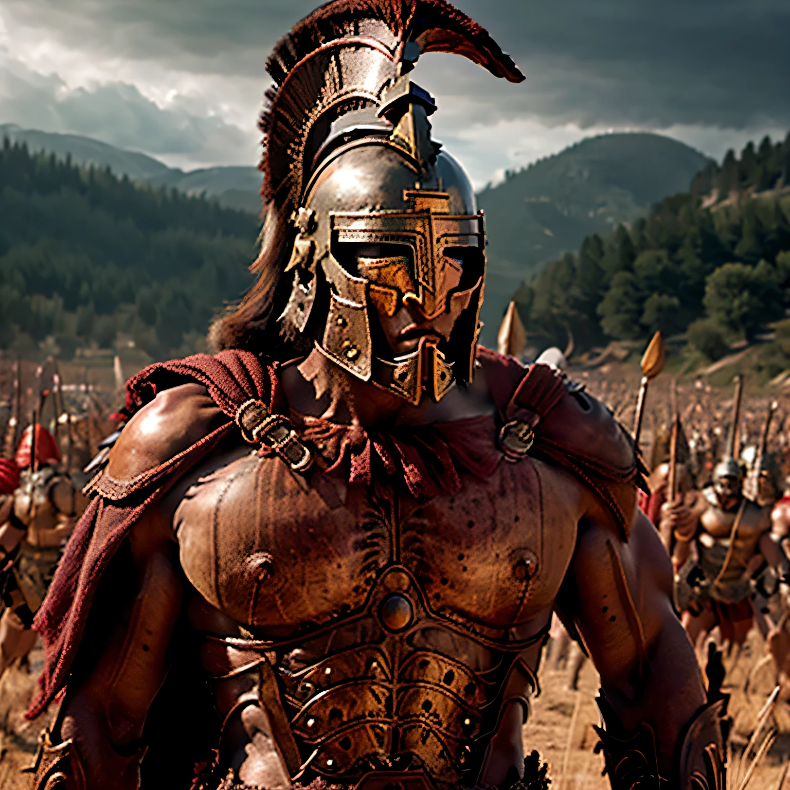 Male spartan warrior in a battle ground, facing camera, finely detailed helm, armor, spear and shield, intricate design and details, ultra detailed, highest detail quality, ultra realistic, photography lighting, overcast reflection mapping, photorealistic, Cinematic, movie quality rendering, octane