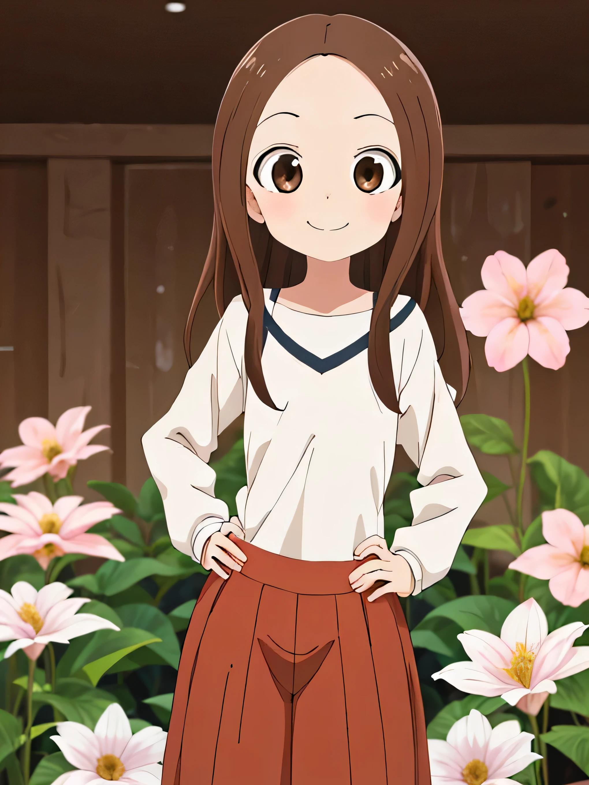 highest quality,High resolution、anime illustration style、takagi-san, one girl、closed mouth、smile、beautiful flower々Park with blooming flowers、A cute girl no matter who you look at、put your hands on your hips、absolute reference to center、smooth hair、closed mouth、brown hair、brown eyeedium hair