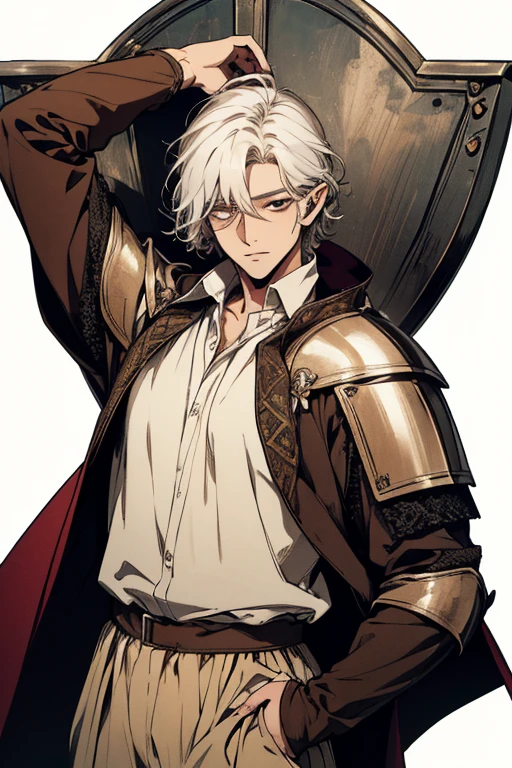 (excellent quality), (high resolution), (absurdreasterpiece) ((man)), (male), half elf, white hair, disheveled hair, ((paladin)), ((shirt, pants)), character looking at the camera, detailed face, ((medieval)), ((bang)), (((simple clothes))), portrait, small eyes, traveled warrior