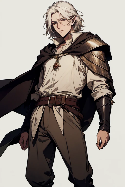 (excellent quality), (high resolution), (absurdreasterpiece) ((man)), (male), half elf, white hair, disheveled hair, ((paladin)), ((shirt, pants)), character looking at the camera, detailed face, ((medieval)), ((bang)), (((simple clothes))), portrait, small eyes, traveled warrior