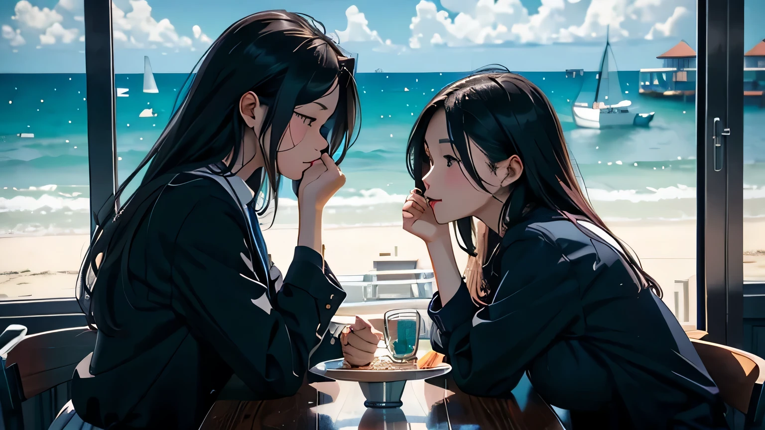 Black Cat sitting at the table, Brunette, long haired, blazer uniformed beautiful girl talks with black cat at seaside cafe, 黒Cat, Cat, beautiful girl, Beautiful girl and black cat talking at seaside cafe, Brunette, long hair, Navy blue blazer, looking out the window,seaside cafe, coffee, The sea is visible through the open window and a gentle breeze is blowing, Green Eyes, Big Breasts, Next to the reflecting sea, While looking at the sea,