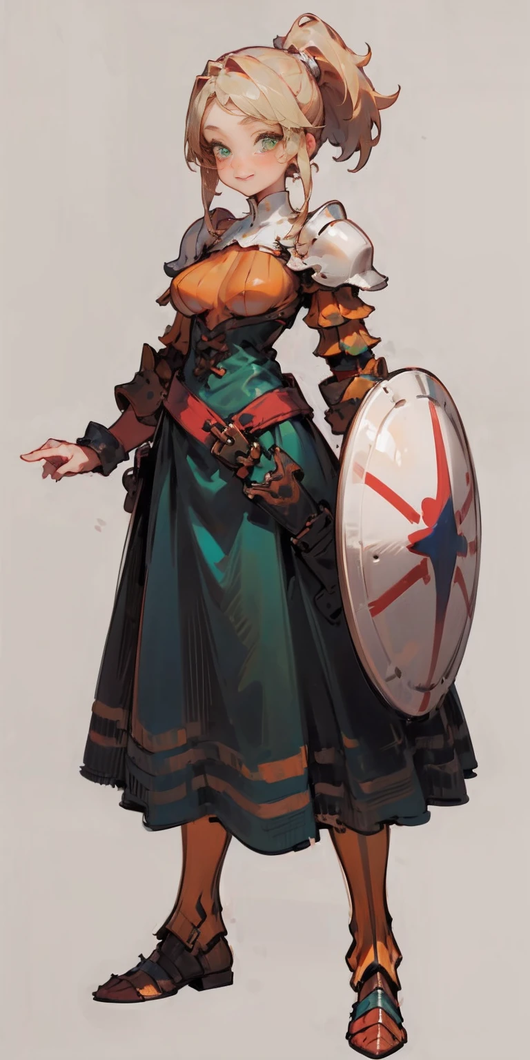 hands on sides, (masterpiece), ultra-detailed, 1girl, detailed eyes, medium breasts, gray background, (full body), green eyes, gray background, full plate armor, confident smile, staring at the viewer, blond hair in a ponytail, standing with a square spike shield