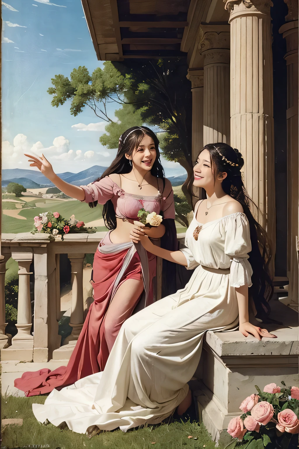 full body portrait or statue、Giorgione painting style,Arguments of two female Philosophe,math、astronomical machine、astronaut、roses in vase、fruits、Cute trinkets、smile、ancient greek costume、Ancient Roman landscape in the style of Nicolas Poussin,laughter,,Sweet and seductive appearance.、Caravaggio's paintings、Chiaroscuro of Caravaggio、hair tousled by the wind,Two women frolicking,cute smile, expression of ecstasy,Sexy,erotic