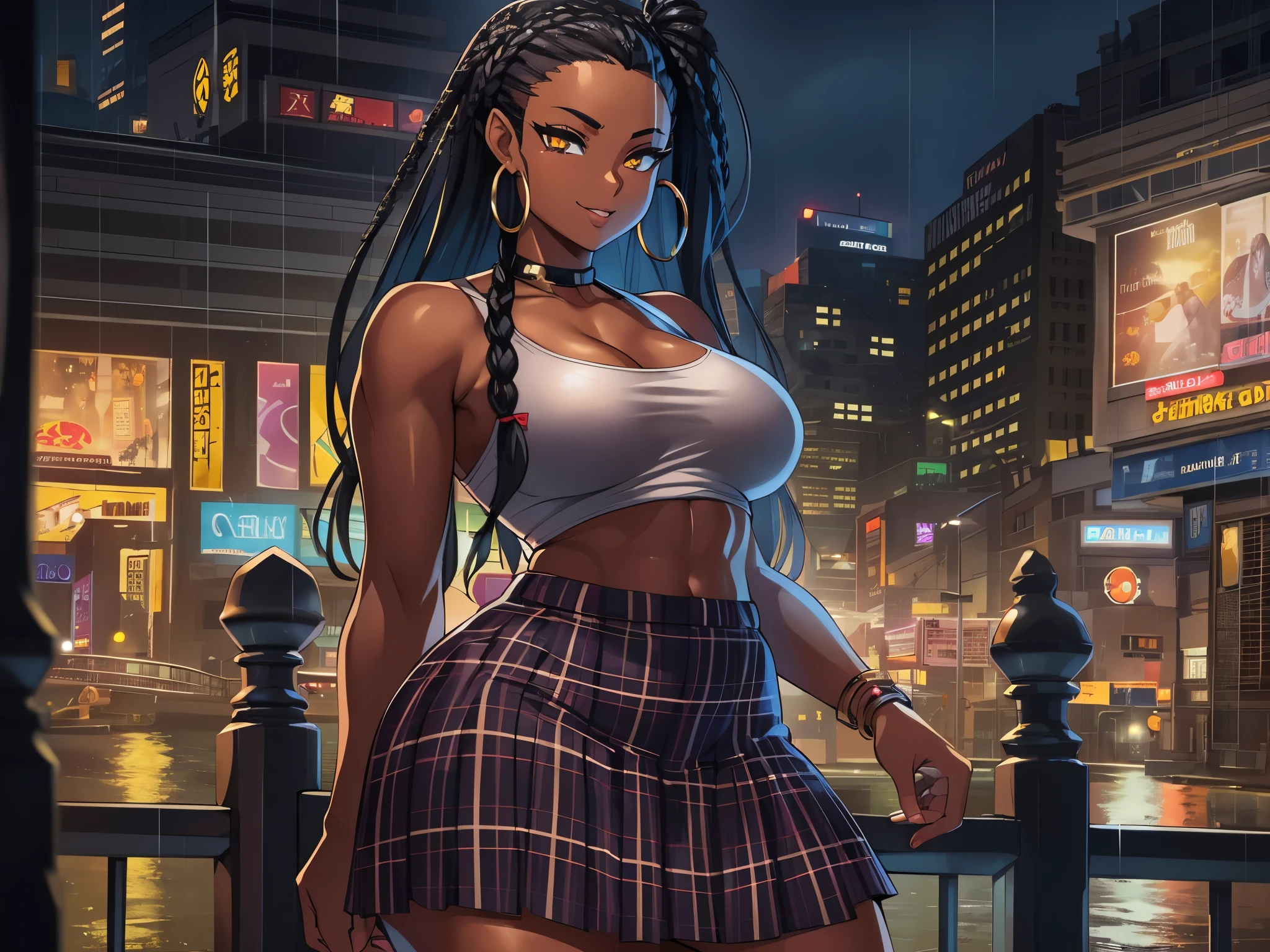 4K Quality, grinning, (sexy pose), ((full body black plaid skirt)) standing up, ((black braids)), dark skinned, thick thighs, big breasted, big ass, looking at viewer, ((amber eyes)), ((night time)), ((bedroom eyes)), full body, (city background), (after the rain), perfect face, perfect body, perfect eyes, full lips, ((hoop earrings)), (vibrant background)