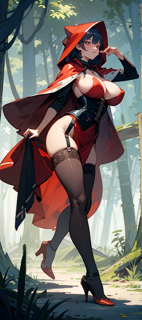 ((best quality)), ((masterpiece)), (detailed), perfect face, Red Riding Hood, nude, large breasts, thin waist, long thin legs, stockings, high heels, corset, garder belt, very tgin body, dense overgrown forest, epic view, wide view, wolf, large wolf