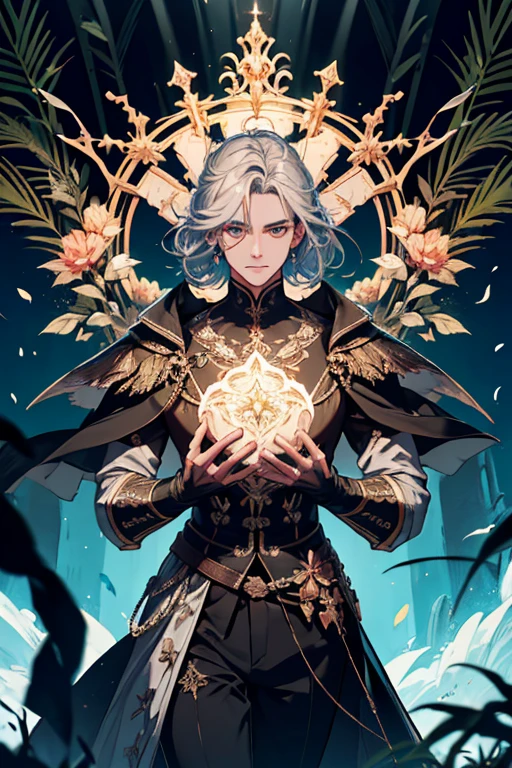 (absurdos, high resolution, ultra detalhado), 1 homem, adulto, lindo, forte, musculoso, Orelhas pontudas, cabelo preto comprido, crystal clear amber eyes, rosto detalhado, olhos finamente detalhados, fantasia, guerreiro de roupas marrom escuro, armadura de couro, fantasia forest, floresta Negra, tema escuro, cinematic lighting, Colorida