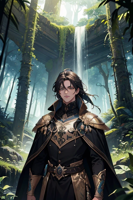(absurdos, high resolution, ultra detalhado), 1 homem, adulto, lindo, forte, musculoso, Orelhas pontudas, cabelo preto comprido, crystal clear amber eyes, rosto detalhado, olhos finamente detalhados, fantasia, guerreiro de roupas marrom escuro, armadura de couro, fantasia forest, floresta Negra, tema escuro, cinematic lighting, Colorida