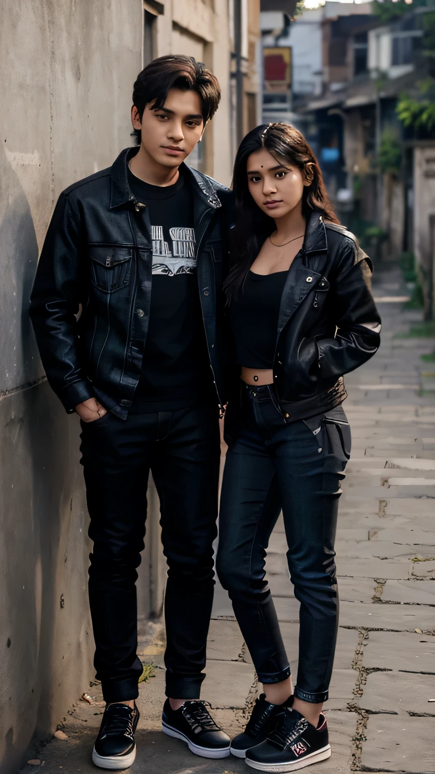 3d realistic 18-year-old bts couple boy wearing black denim jacket and black jeans and black shoes and girl wearing black suit salwar and background village सिटी written boy name, nancy, and girl name written, ankita,