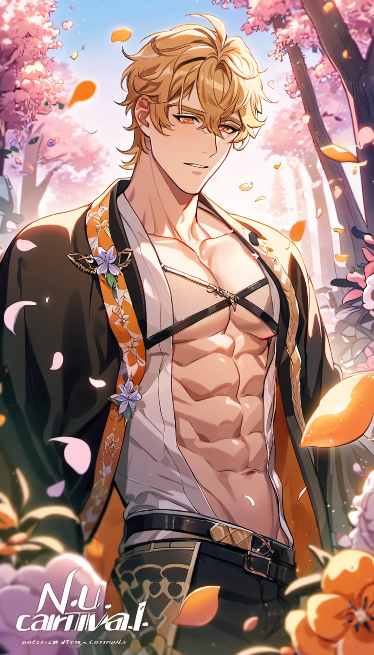 absurdres, highres, ultra detailed, HDR, master piece, best quality, Quincy, blond messy short hair, expressive orange eyes, Nu Carnival, solo, sexy man, handsome, fantasy black haori, accessories, showing the chest, forest, magical, petals, flowers