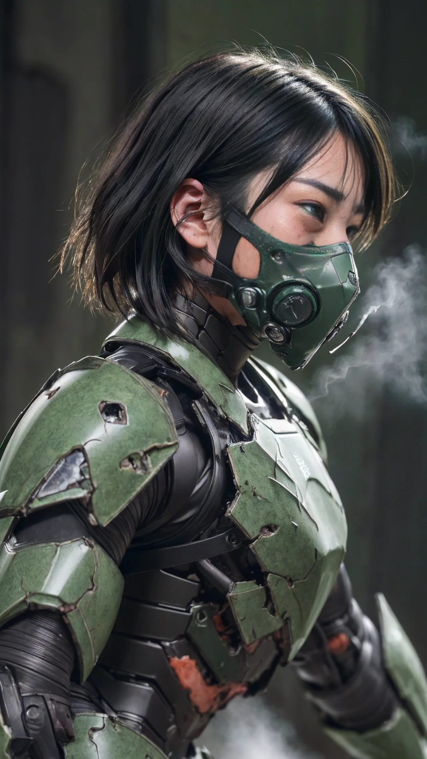 Rough skin, Very detailed, Advanced Details, high quality, 最high quality, High resolution, 1080p 、、Sexy Eyes、wearing green and black、cute((My whole body is sweating))(Wearing damaged combat gear....)(Dark green armor)(Broken Armor)Black Hair、(Shattered armor)Chiquita、short hair、Open your mouth、Painful expression、It hurts again、Healthy Skin、20-year-old women (Steam coming out of the face) ((Steam coming out of the body)) Unable to fight severe convulsions A gas mask with only the eye area of a full-face helmet damaged True Face freckles Don'Don'Don'don't expose your skin 1 female Full body portrait Transformers Armor k