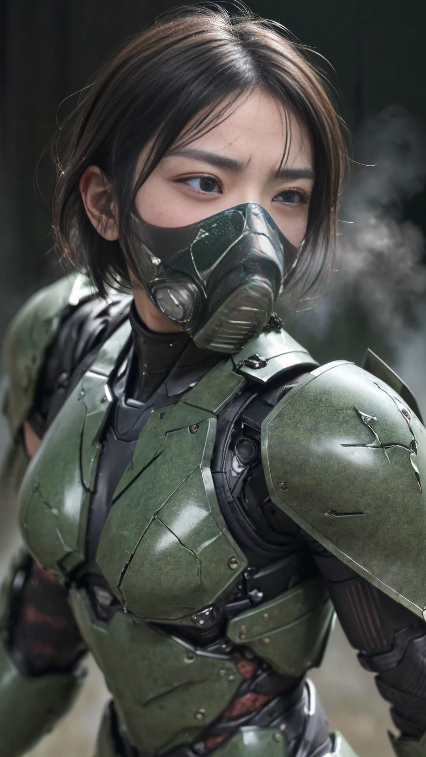 Rough skin, Very detailed, Advanced Details, high quality, 最high quality, High resolution, 1080p 、、Sexy Eyes、wearing green and black、cute((My whole body is sweating))(Wearing damaged combat gear....)(Dark green armor)(Broken Armor)Black Hair、(Shattered armor)Chiquita、short hair、Open your mouth、Painful expression、It hurts again、Healthy Skin、20-year-old women　　(Steam coming out of the face) ((Steam coming out of the body)) 　Unable to fight　severe convulsions　A gas mask with only the eye area of a full-face helmet damaged　True Face　freckles　Don&#39;Don&#39;Don&#39;don&#39;t expose your skin　1 female　Full body portrait　Transformers Armor　k