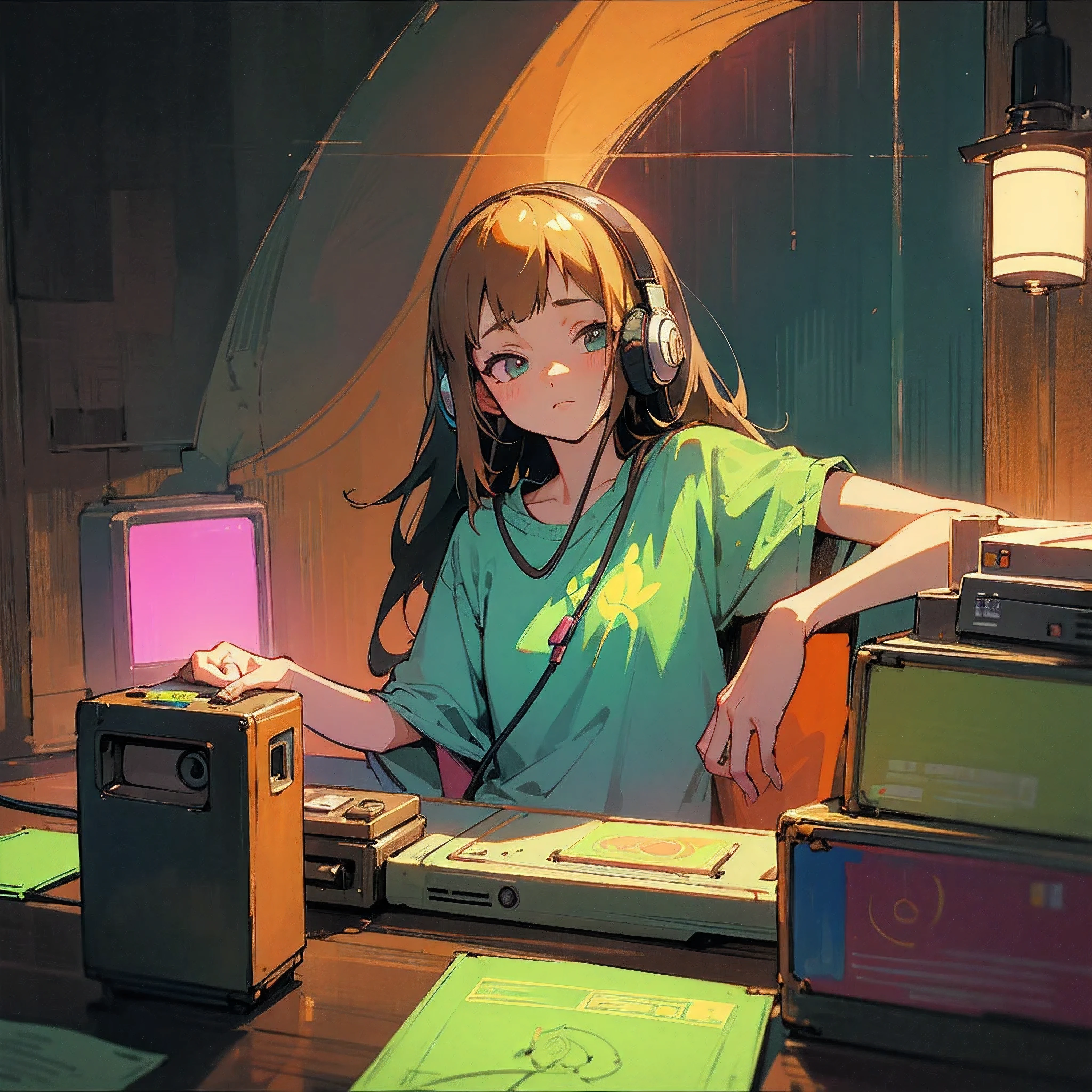 European hippie girl meditating in her room, Dreaming, Wear headphones, night lights, Neon landscape on a rainy day, Analog Color Theme, Lo-Fi Hip Hop , Retrospective, Flat, 2.5D ,Draw a line, Ink drawing, Large gradient, Watercolor painting, Goosch color, Studio Ghibli style, Awesome colorful, Outer Ton, Krautlock, lofi art, 70s style,Old textures, amplitude,Psychedelic atmosphere, masutepiece, Incredible technology,Girl listening to music in cozy room at night, Use headphones, 2D style anime, lo fi, hard disk, dark environment