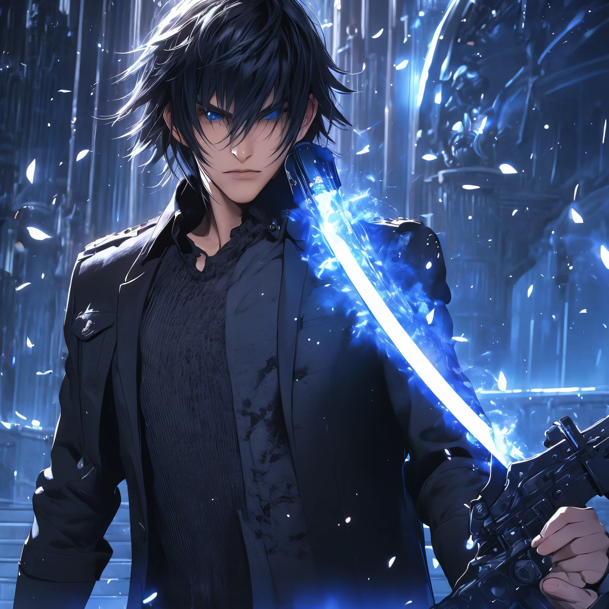 A man with black hair, wearing a black coat, black shirt, black pants, holding a sword, with a blue aura around him, blue eyes, a serious face, in a giant castle with white, futuristic architecture, ultra resolution, well defined, masterpiece, 8K HD.( solo man)
