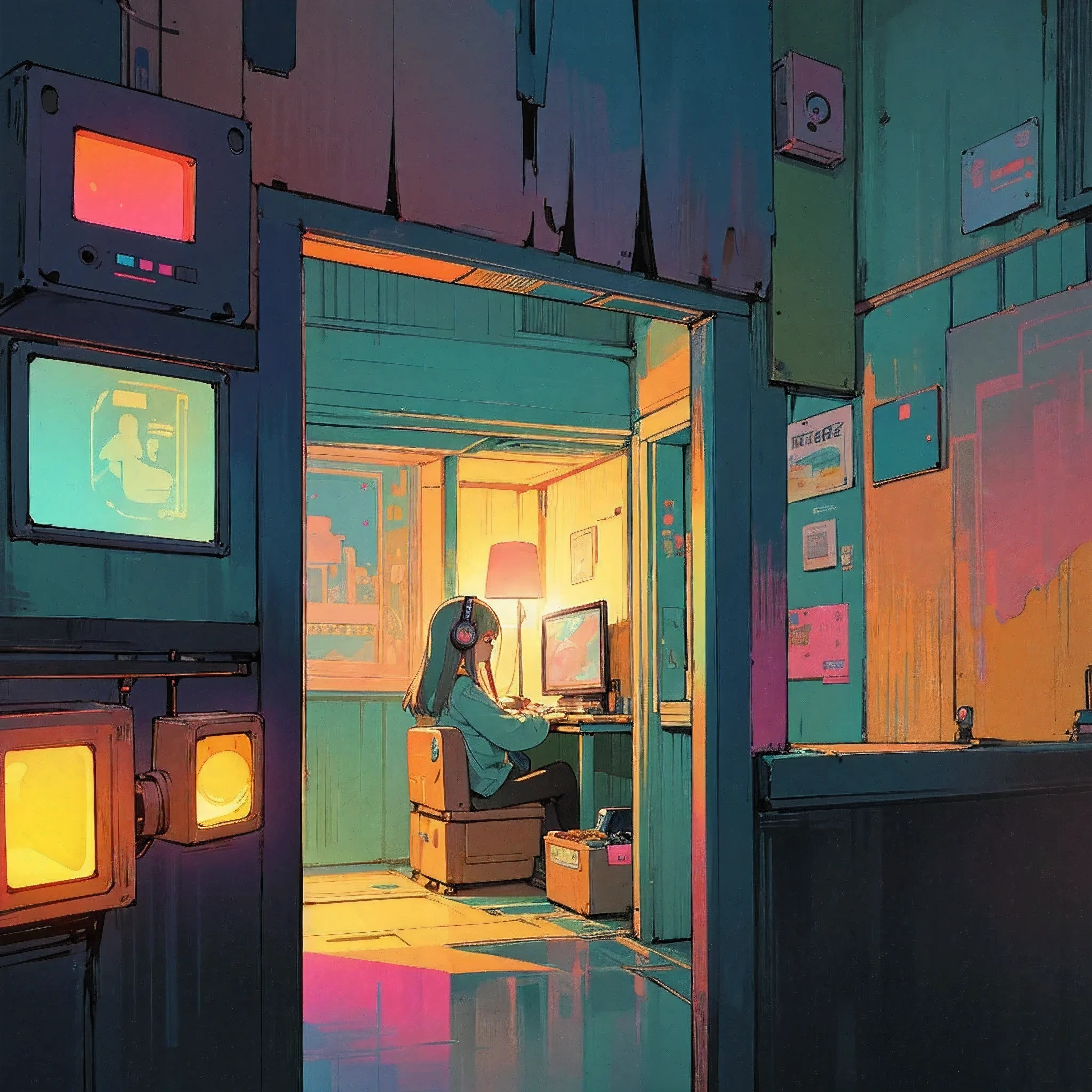 European hippie girl meditating in her room, Dreaming, Wear headphones, night lights, Neon landscape on a rainy day, Analog Color Theme, Lo-Fi Hip Hop , Retrospective, Flat, 2.5D ,Draw a line, Ink drawing, Large gradient, Watercolor painting, Goosch color, Studio Ghibli style, Awesome colorful, Outer Ton, Krautlock, lofi art, 70s style,Old textures, amplitude,Psychedelic atmosphere, masutepiece, Incredible technology,Girl listening to music in cozy room at night, Use headphones, 2D style anime, lo fi, hard disk, dark environment