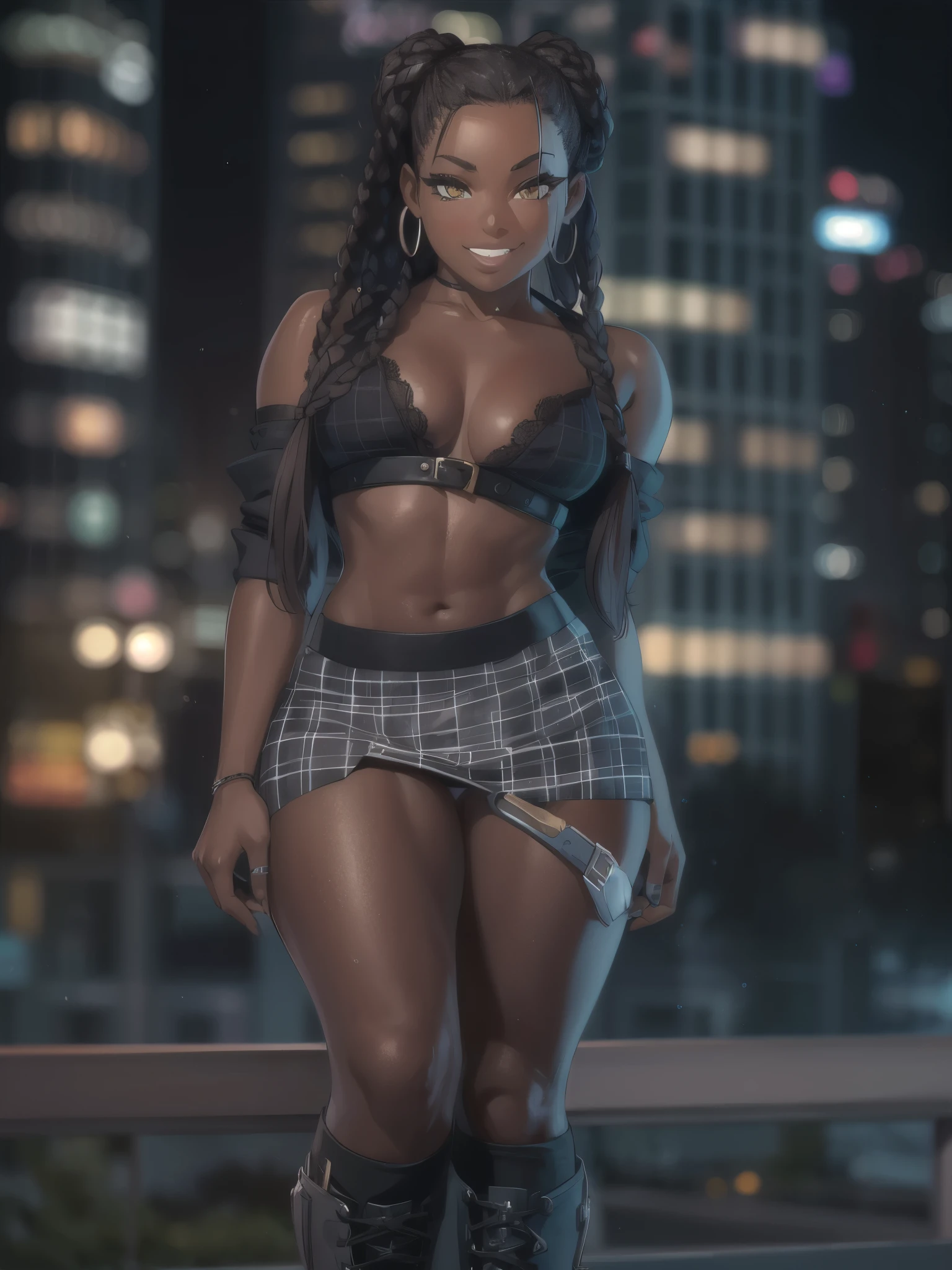 4K Quality, grinning, sexy pose, black plaid miniskirt, standing up, black african braids, dark skinned, thick thighs, big breasted, big ass, looking at viewer, braided hair, amber eyes, night time, bedroom eyes, full body, city background, perfect face, perfect body, perfect eyes, full lips, hoop earrings,