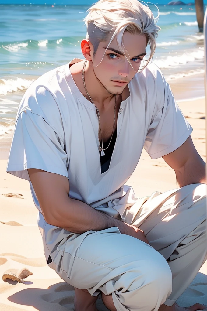Tropical beautiful beach, sunset. Sitting on the sand is a tall, large, athletic, statuesque, handsome, adult man- platinum blonde, he has tanned skin, perfect facial features, blue eyes, he has long straight white hair, he is dressed in white beach clothes, Masterpiece, perfect image, realistic pictures, detailed elaboration, full-length image, 8k, detailed image. an extremely detailed illustration, a real masterpiece of the highest quality, with careful drawing.