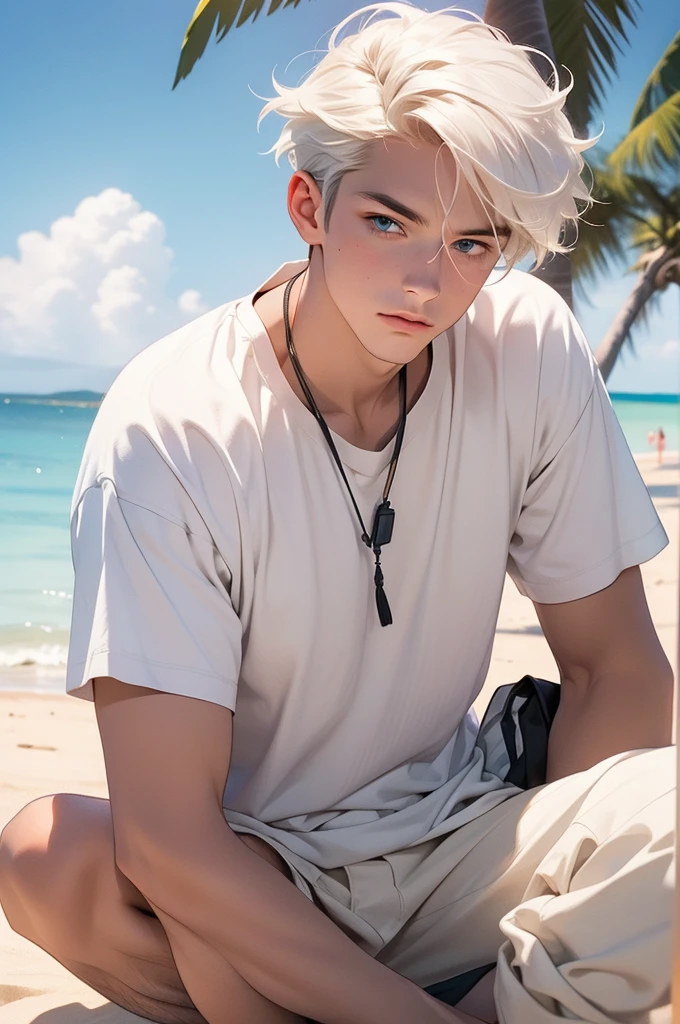 Tropical beautiful beach, sunset. Sitting on the sand is a tall, large, athletic, statuesque, handsome, adult man- platinum blonde, he has tanned skin, perfect facial features, blue eyes, he has long straight white hair, he is dressed in white beach clothes, Masterpiece, perfect image, realistic pictures, detailed elaboration, full-length image, 8k, detailed image. an extremely detailed illustration, a real masterpiece of the highest quality, with careful drawing.