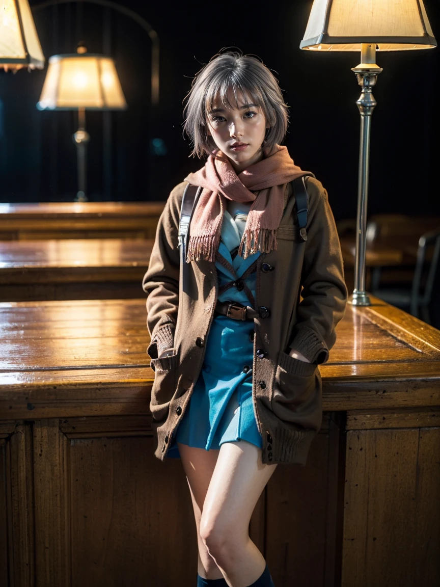 (1 lady), (Best quality at best:1.4), (ultra - detailed), (extremely detailed CG unified 16k), A Beautiful Woman with Perfect Figure: 1.4, Sharp Focus: 1.2, very detailed, High-definition RAW color photo, professional photoshooting, amazing face and eyes, cosmetics, (amazingly beautiful girl), ((yuki)), ((winter uniform, cardigan, kneehighs, blue skirt, serafuku, brown coat, scarf, kneehighs)), standing, sexyposture，(Dark and stylish bar, drinks, lamp lights, lamp lights:1.3), (look from down), realistic cinematic face, head to feet long wide zoomed out view, full body long view, photorealistic, ((realistic natural grayish purple hair style, yellowish eyes)), gorgeous, extremely beautiful face, perfect model beauty, pout mouth, Highly Detailed Face and Skin Texture, Detailed Eyes, Double Eyelids, Big Breasts, inexpressive face, cleavages, western, (masterpiece), best quality, high resolution, extremely detailed, blurred background, depth of field, cinematic lighting, amazing legs, high heels, clear and well-cared skin,