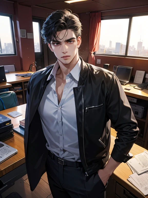 (melhor qualidade, obra de arte, 8k, fotorrealista, cinematic lighting, Imagem HDR, ultra detalhado, Imagem bonita), 1 homem, 31 anos, homem maduro, muito bonito, (without expression, serious), cabelo preto curto, olhos pretos ( olhar penetrante), postura imponente, homem de negocios, office background
