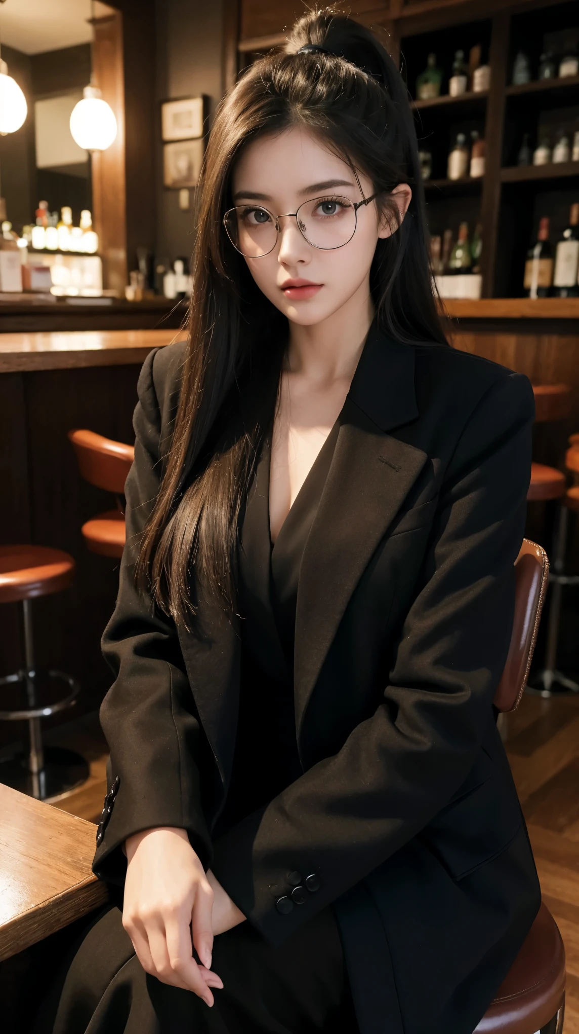 ((best quality)), ((masterpiece)), (detailed), (photorealistic:1.4), best quality, masterpiece, ultra high res, 1girl, (detailed face:1.2), (detailed eyes:1.2), (detailed hair:1.2), (detailed clothes:1.2), 4k, (detailed color:1.2), perfect face, beautiful body, pretty face, ager female, perfect body, Ultra-high detail, Photorealism, Intimate atmosphere, flowing light, black straight hair, ponytail, glasses, wear a black coat, coat, black skirt, unbuttoned coat, sit on the stool,  at the bar, facing at viewer