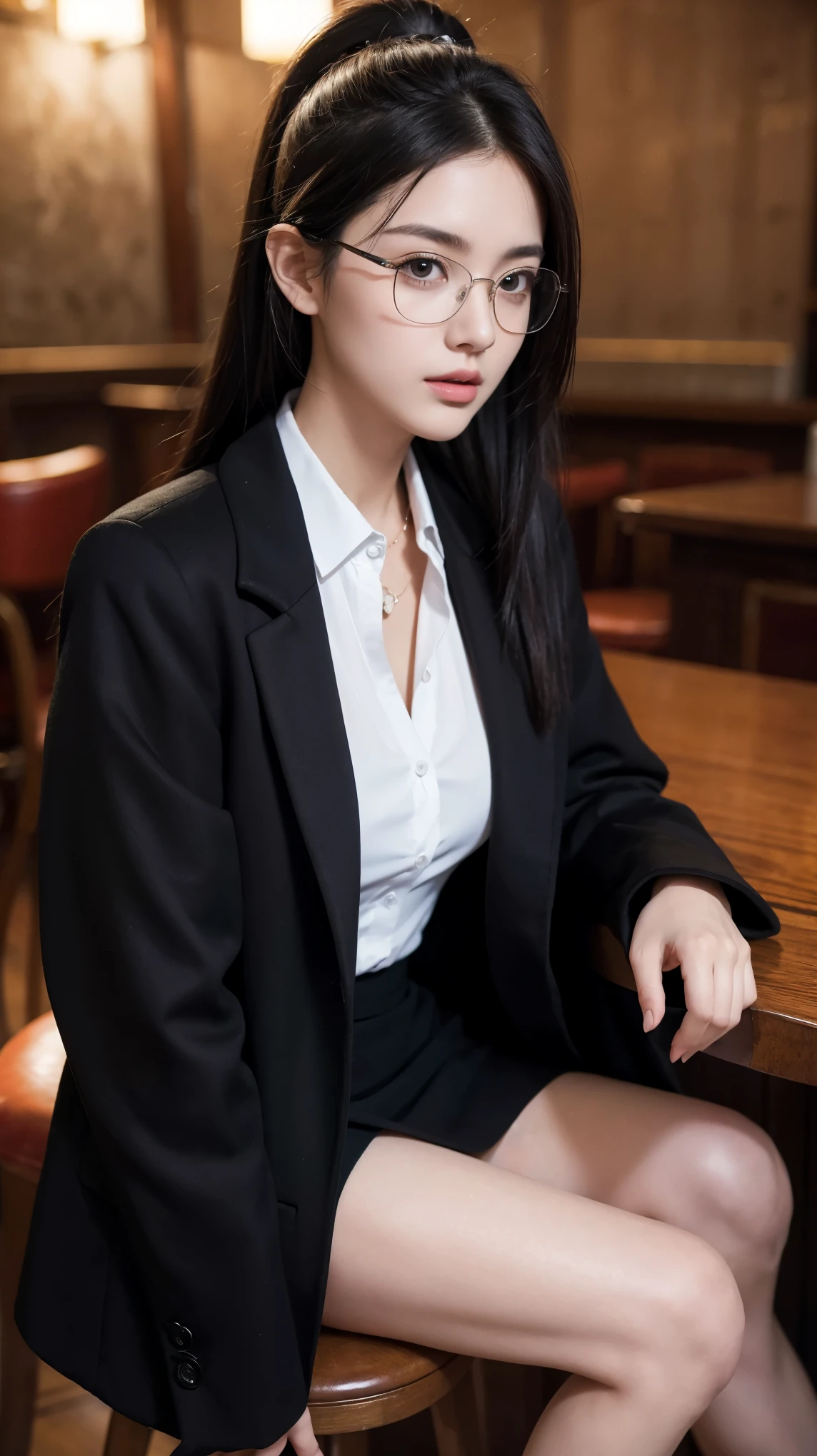 ((best quality)), ((masterpiece)), (detailed), (photorealistic:1.4), best quality, masterpiece, ultra high res, 1girl, (detailed face:1.2), (detailed eyes:1.2), (detailed hair:1.2), (detailed clothes:1.2), 4k, (detailed color:1.2), perfect face, beautiful body, pretty face, ager female, perfect body, Ultra-high detail, Photorealism, Intimate atmosphere, flowing light, black straight hair, ponytail, glasses, wear a black coat, coat, black skirt, unbuttoned coat, sit on the stool,  at the bar, facing at viewer