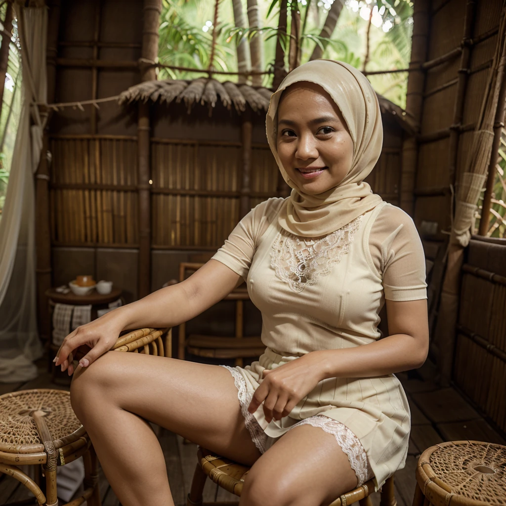 A 52 years old Indonesian woman in cream color hijab, wearing cream color bra, wearing very short see-through cream color lace skirt, villager, poor woman, darker skin, curvier body, short body, smiling and sitting alone on a stool in an old bamboo cabin in a forest, look to the viewer with eye close.