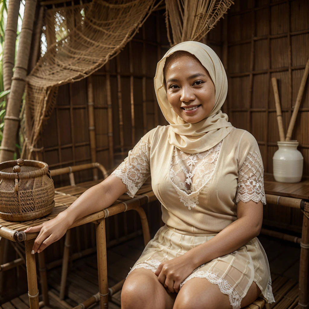 A 52 years old Indonesian woman in cream color hijab, wearing cream color bra, wearing very short see-through cream color lace skirt, villager, poor woman, darker skin, curvier body, short body, smiling and sitting alone on a stool in an old bamboo cabin in a forest, look to the viewer with eye close.