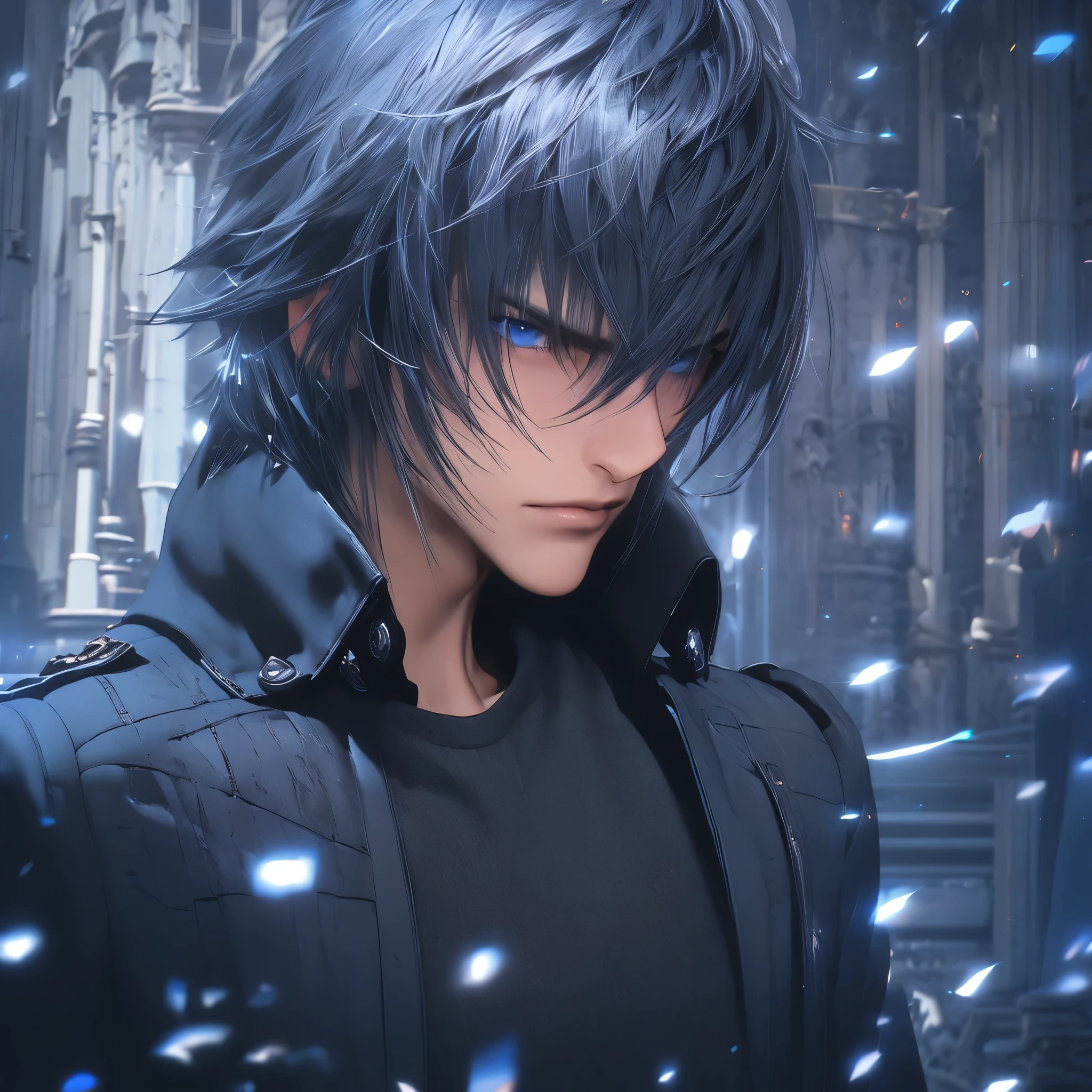 A man with black hair, wearing a black coat, black shirt, black pants, with a blue aura around him, blue eyes, a serious face, in a giant castle with white, futuristic architecture, ultra resolution, well defined, masterpiece, 8K HD.( solo man)
